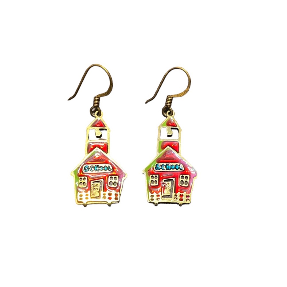 Vintage 3D Two Hands School House Enamel Earrings